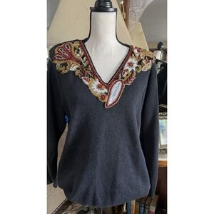 Vintage Eminent Detailed Beaded Applique Black‎ Glitter Sweater Sz L